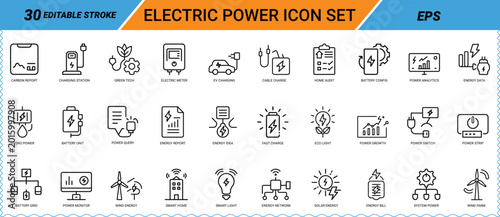 Electric Power line art icon set. Charging station, EV charging, solar energy, wind energy, battery, smart home, electric meter, power analytics, green tech, energy monitoring icons. Vector E