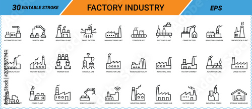 Factory Industry line art icon set. Automated factory, robotic arm, industrial plant, manufacturing unit, conveyor belt, production line, warehouse, chemical plant icons. Vector EPS.