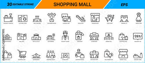 Shopping Mall line art icon set. Mall building, checkout counter, clothing store, food court, parking, escalator, shopping cart, cinema hall, retail outlet, security guard, sale promotion. EPS