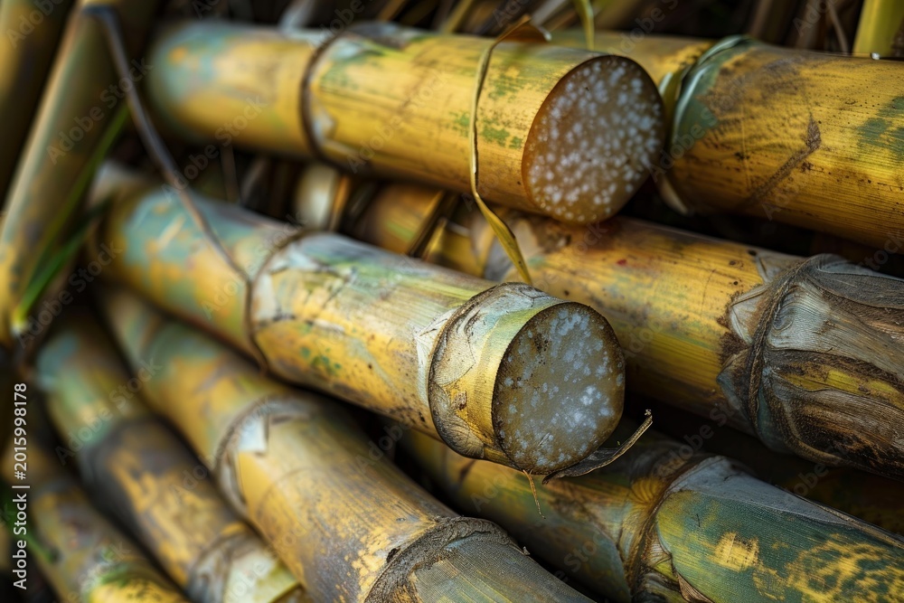 Naklejka premium Freshly cut sugar cane stalks are piled up, ready for processing and sugar extraction