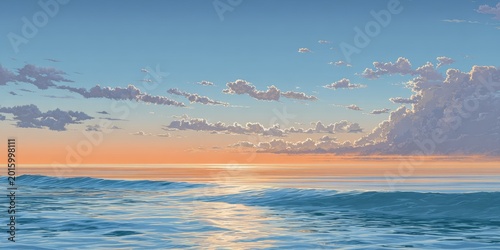 Peaceful ocean waves under a vibrant sunset sky with scattered clouds