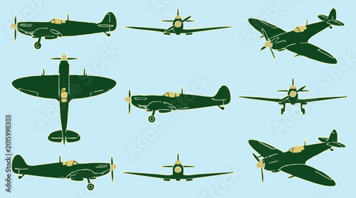 Foto Vintage Fighter Plane Vector Illustrations from Multiple Angles on Blue