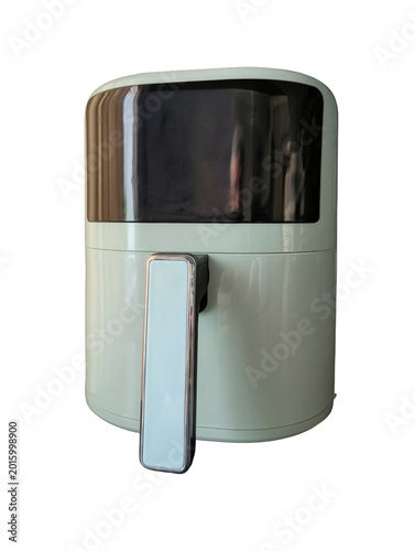 Cuadro en lienzo Modern green air fryer isolated on transparent background, kitchen appliance for healthy cooking, oil-free electric fryer, digital household equipment, 3D render style, PNG cut out