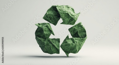 Crumpled Green Paper Recycling Symbol on a Light Background.