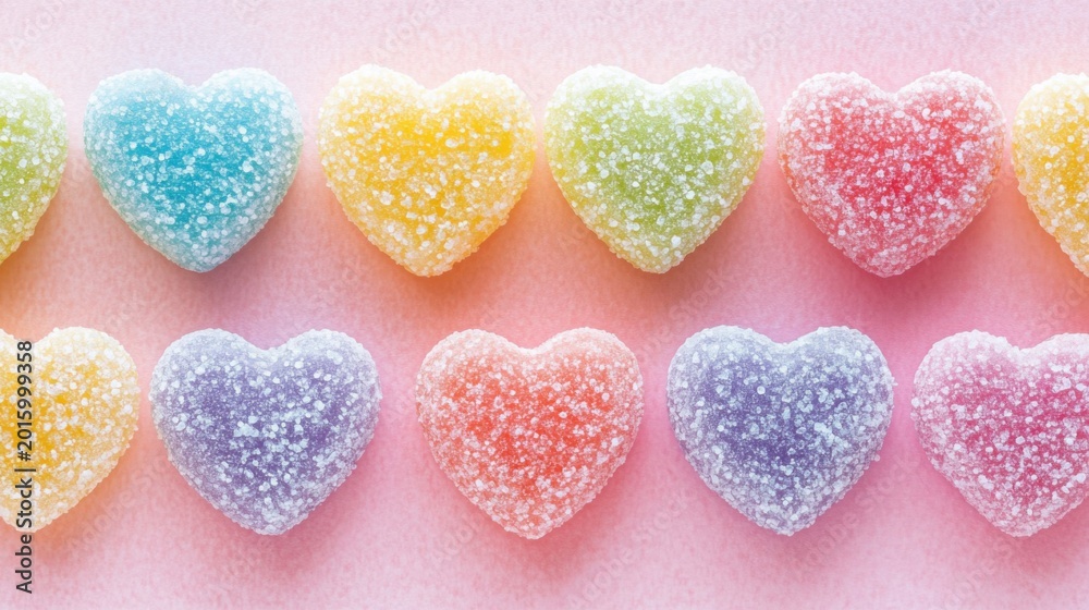 Fototapeta premium Colorful Heart Shaped Candies Arranged in Rows
