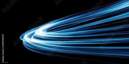 Streaks of blue light trace curves against a deep black background