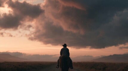 Person riding a horse on a dirt road in the middle of a vast landscape. the person is wearing a cowboy hat and a long coat, and is sitting on the back of the horse.