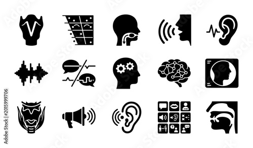 Foto Speech Therapy Icons, Vocal Cord and Ear Anatomy, Communication Symbols Set