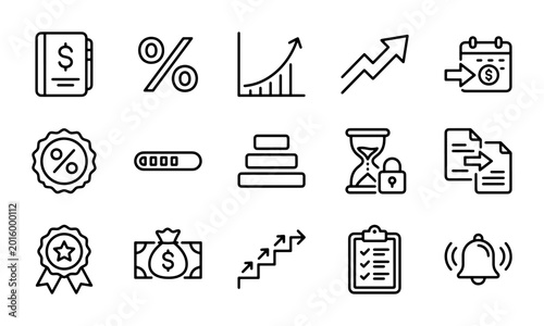 Foto Financial Growth Icons: Money, Analytics, Calendar, Security, Success, Business