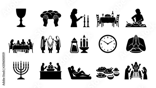Bild auf Leinwand Jewish Holiday Icons, Shabbat Symbols, Religious Celebration Vector Set