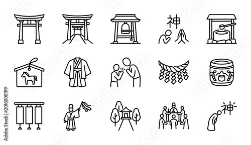 Tableau sur toile Japanese Shinto Shrine Icons Set: Torii Gates, Bell, Prayer, Water Font, Kimono,