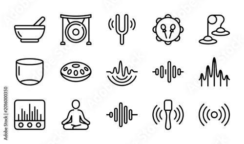 Konstfotografi Sound Therapy Icons: Meditation, Music, Healing Instruments, Waveforms, Audio Eq
