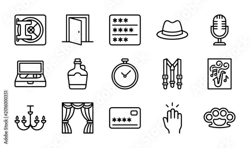 Canvas Print Retro Icons Set: Safe, Door, Password, Hat, Microphone, Stopwatch, Credit Card,