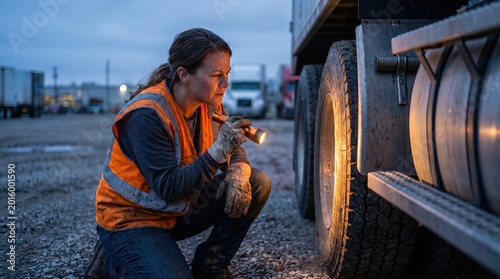 Woman mechanic kneeling to inspect semi-truck tire with flashlight at dusk. Safety check for heavy-duty fleet transportation and industrial repair concepts