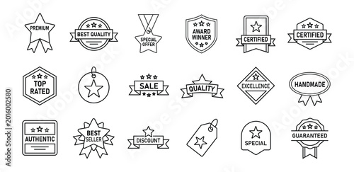 Premium Quality Guarantee Badge and Certified Label Line Icon Set