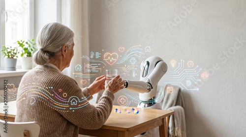 Elderly woman receiving care from robotic assistant smart healthcare technology monitoring health vitals holographic interface displaying medical data and home safety icons for