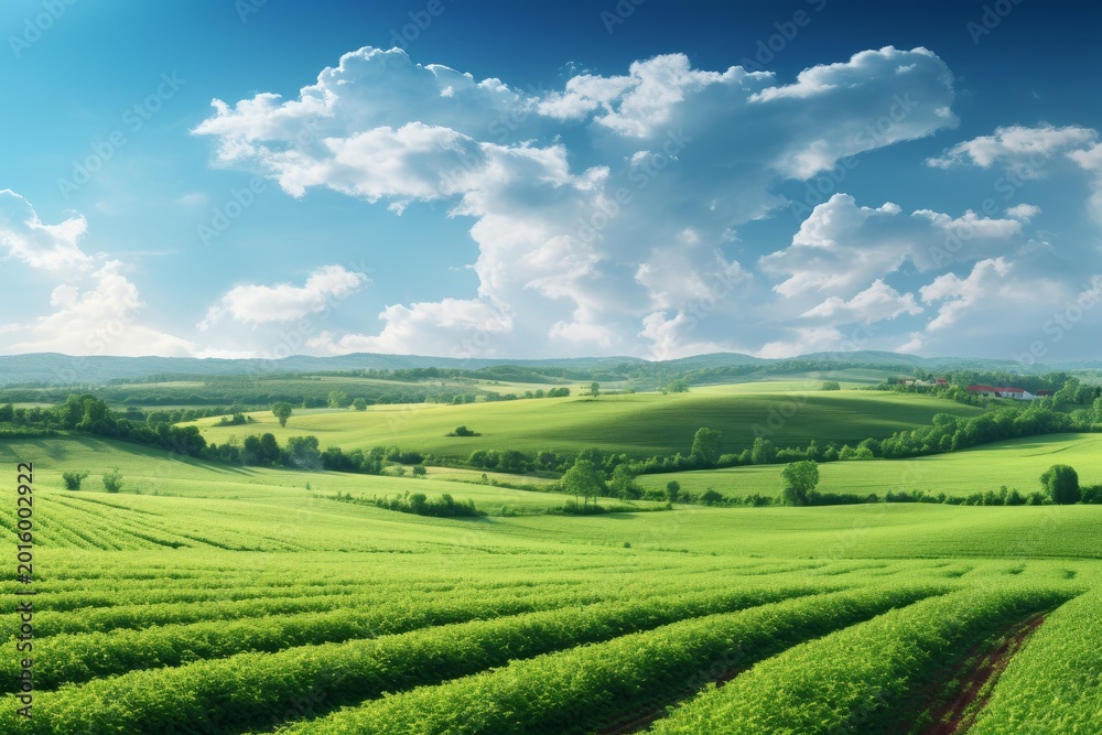 Fototapeta premium Green agriculture fields extending across rolling hills under a sunny blue sky with fluffy clouds