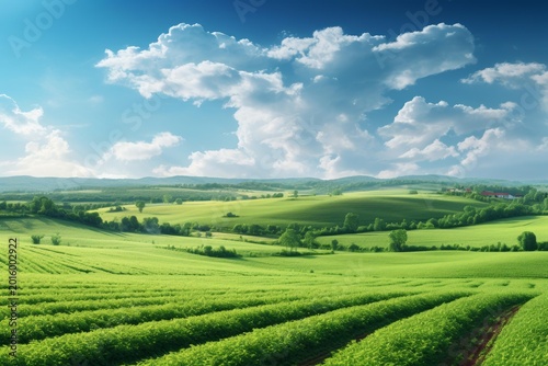 Green agriculture fields extending across rolling hills under a sunny blue sky with fluffy clouds