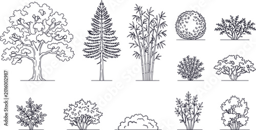 Front Elevation Tree and Shrub Line Art Set for Architectural Renderings