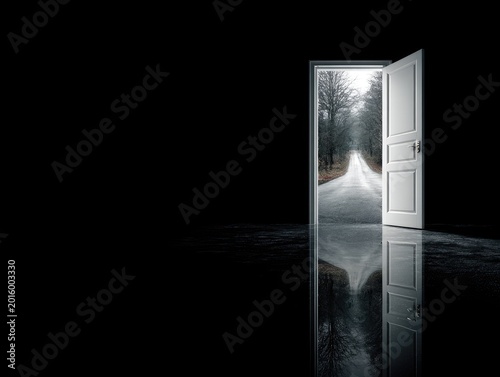 Open doorway reveals dark, wet road reflecting in floor
