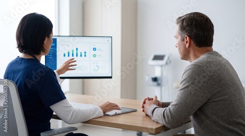 Female doctor consulting with patient in medical office explaining health data and charts on digital screen healthcare consultation medicine appointment professional diagnosis