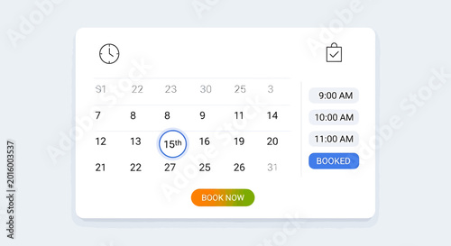 Online booking calendar interface with available time slots and booked status