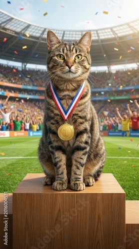 Cat winner with medal on podium at stadium