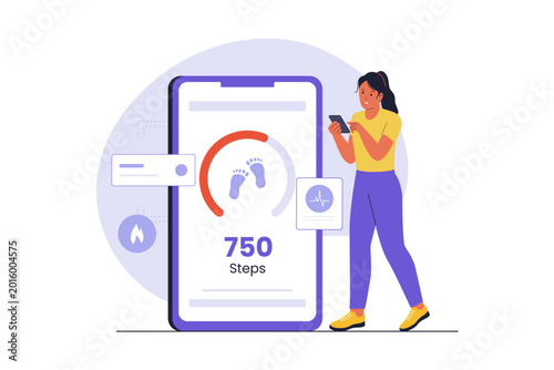 Illustration of Daily Step Count and Pedometer Activity Tracker. A woman checking her daily steps progress on a smartphone pedometer app, representing consistent physical activity and walking goals