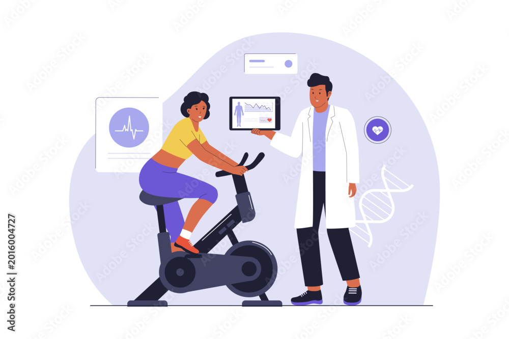 Fototapeta premium Illustration of Metabolic Testing and Fitness Performance Check. A woman on a stationary bike undergoing metabolic testing with a doctor monitoring health data on a digital tablet