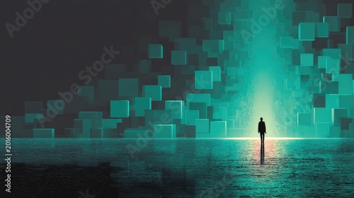 Lone figure bathed in light, surrounded by floating digital cubes