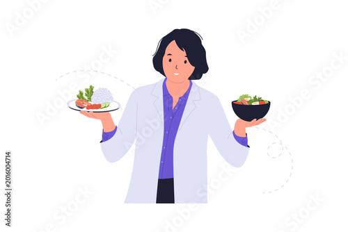 Illustration of Dietitian Balancing Healthy Meal and Salad. A professional dietitian holding a plate of balanced food and a bowl of fresh salad, symbolizing portion control and nutritional guidance