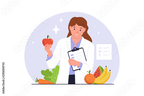 Professional Nutritionist Consulting Healthy Food. A female nutritionist in a lab coat holding an apple and a medical clipboard, providing professional advice on healthy eating and diet