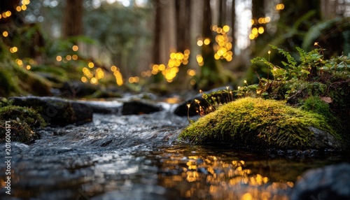 Enchanted forest stream with glowing bokeh lights