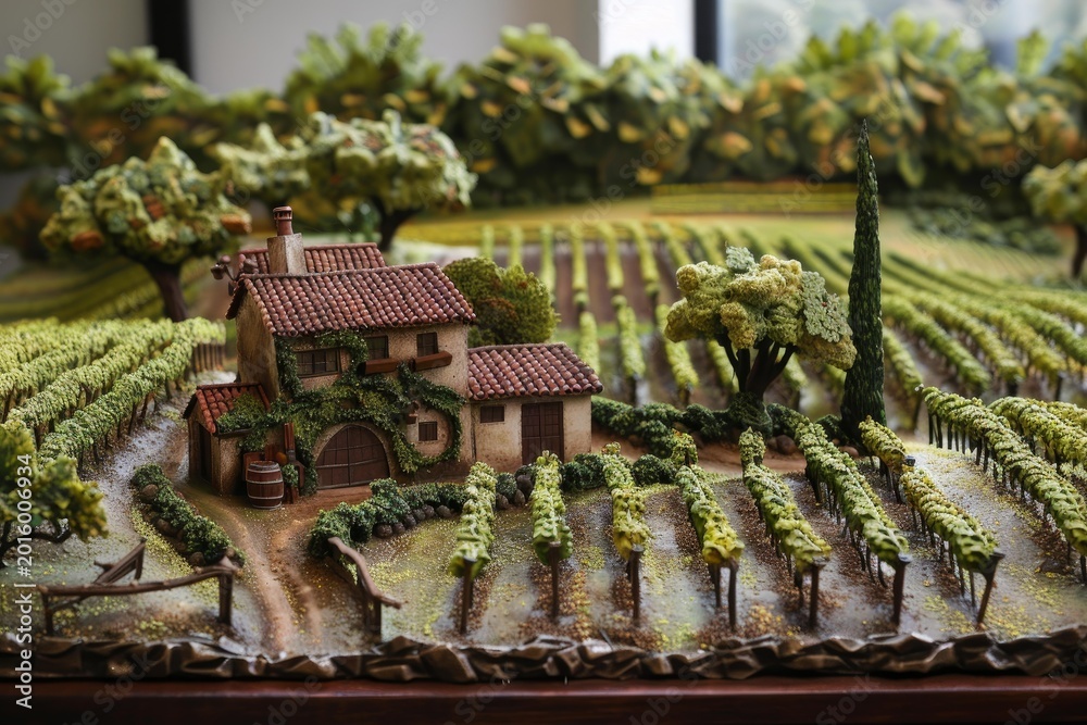 Obraz premium Intricate miniature tuscan farmhouse model nestled amidst rows of vineyards, showcasing the beauty of italian wine country