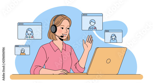 Woman on video call with headset and laptop, waving hello, remote communication