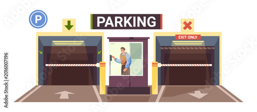 Tableau sur toile Parking facility with guard overseeding entrance