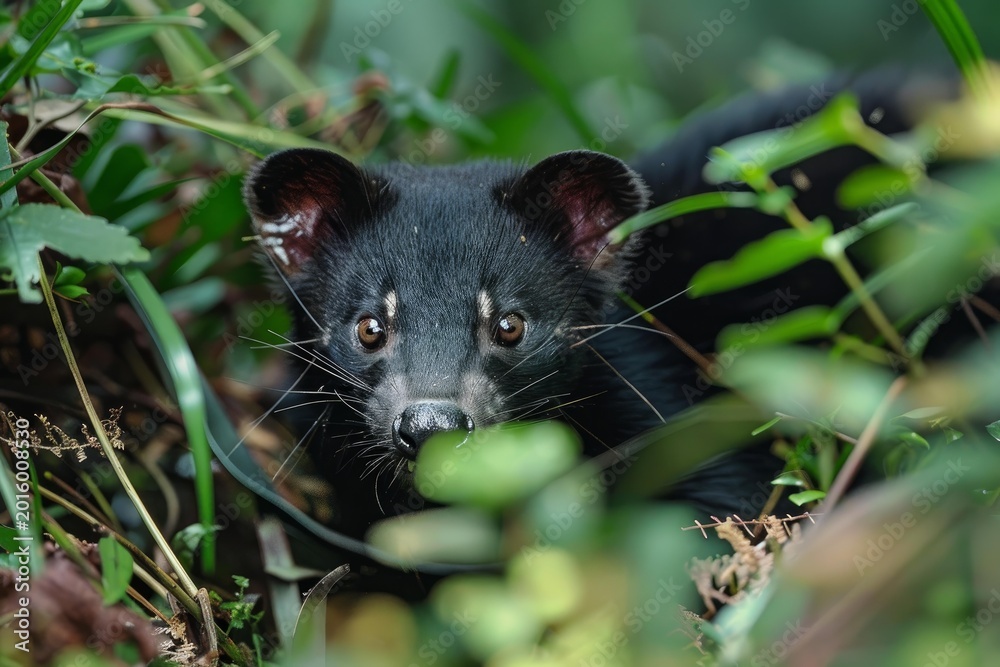 Fototapeta premium Common palm civet partially concealed amidst dense foliage, creating a captivating glimpse into its natural habitat