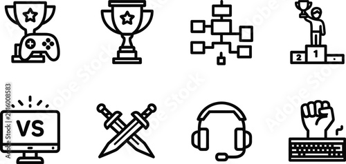 Obraz na plátně Esports and competitive gaming tournament outline icon collection