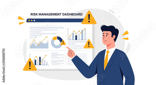 Businessman analyzing risk management dashboard with charts and warnings