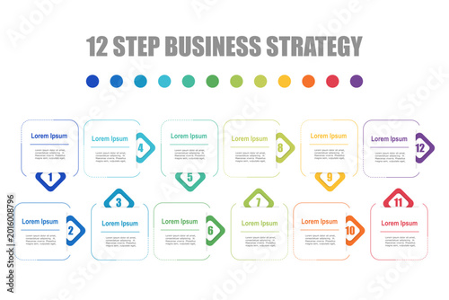 For business concept with 12 steps infographics, rectangle shape with multi color label, design for workflow layout, diagram, annual report, web design. vector illustration