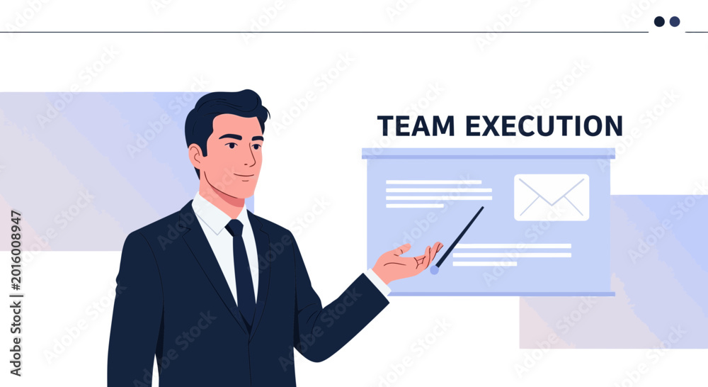 Fototapeta premium Businessman pointing at a presentation slide with 'Team Execution'