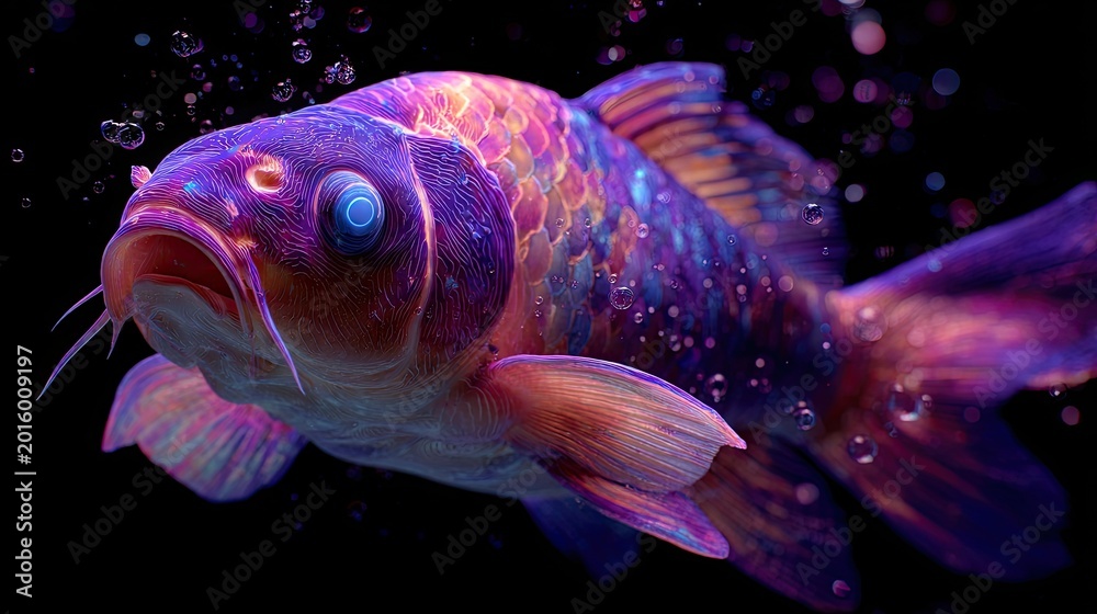Fototapeta premium Vividly colored fish swims through dark, bubbly water