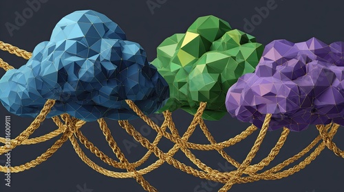 Geometric clouds of blue, green, and purple connected by ropes