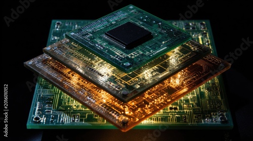 Illuminated stacked circuit boards form a technological pyramid