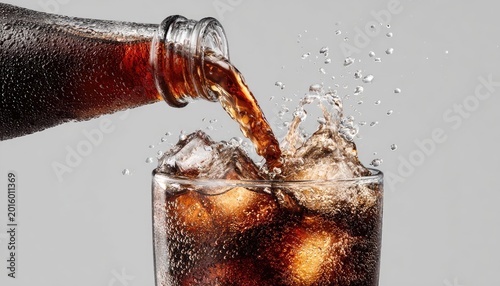 Dark cola pours into glass of ice, creating a refreshing splash