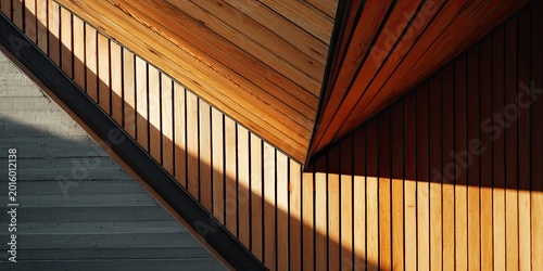 Geometric wooden panels with sharp shadows and concrete textures
