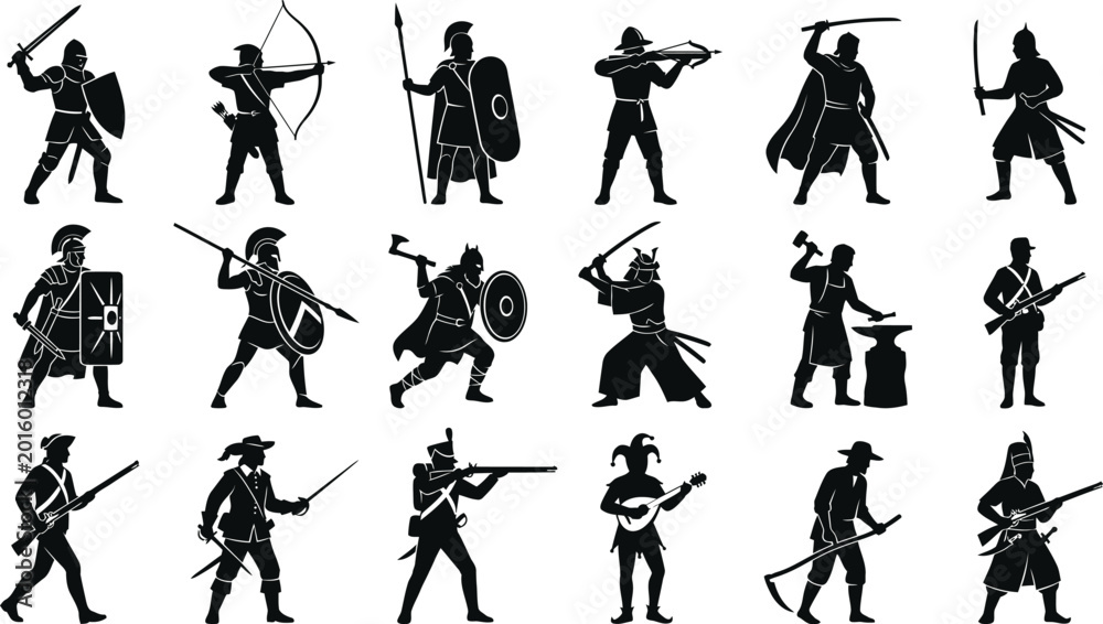 Fototapeta premium Historical warriors and soldiers vector icons set