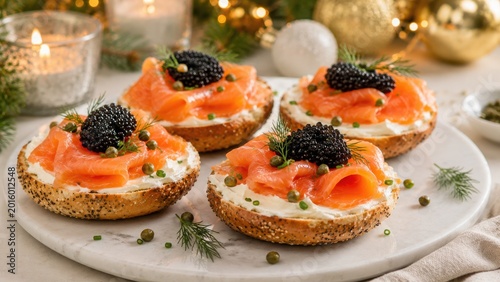 Luxury appetizers bagels with smoked salmon caviar and cream cheese