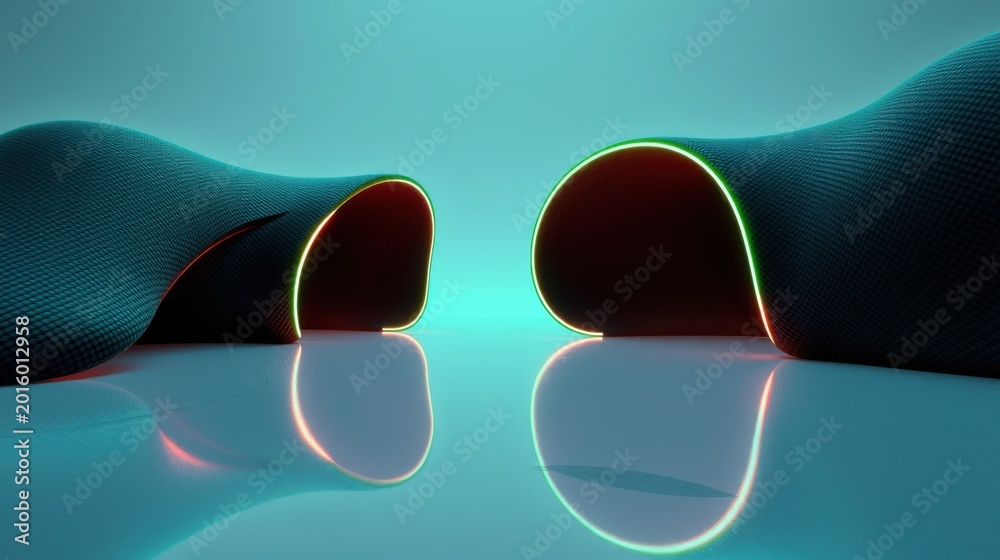 Fototapeta premium Abstract wavy forms, dark texture, glowing edges. Reflections create symmetrical visual impact. Minimalist design, futuristic aesthetic.