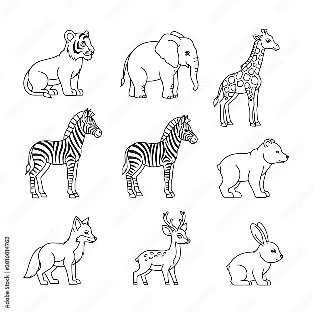 Naklejka premium Black and white animal drawings.